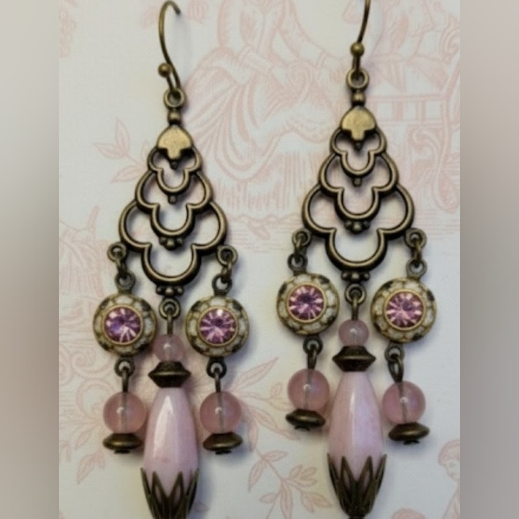 Victorian Chandelier Earrings W/ Pink Opaline & Flower Crystals In Brass